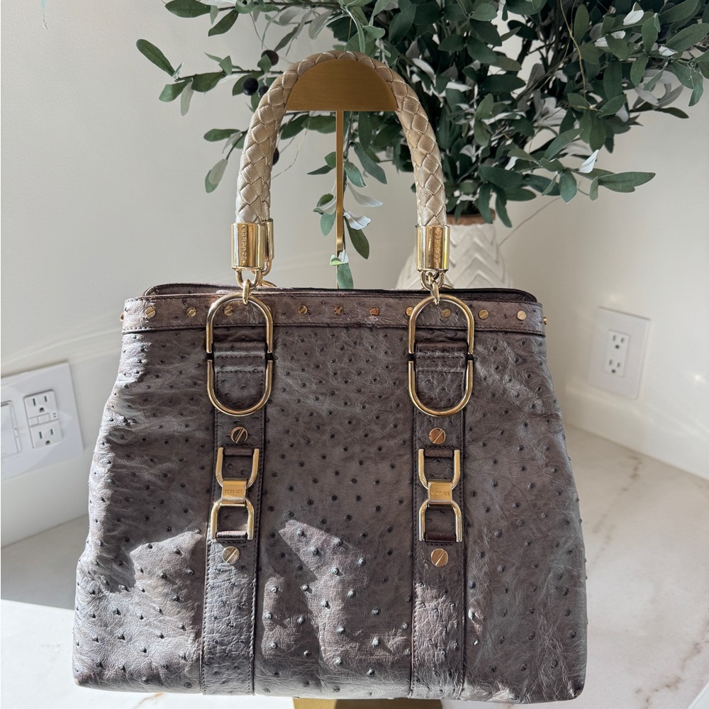 Versace Ostrich Handbag - Silver Grey with Champagne Hardware - Picture 5 of 17